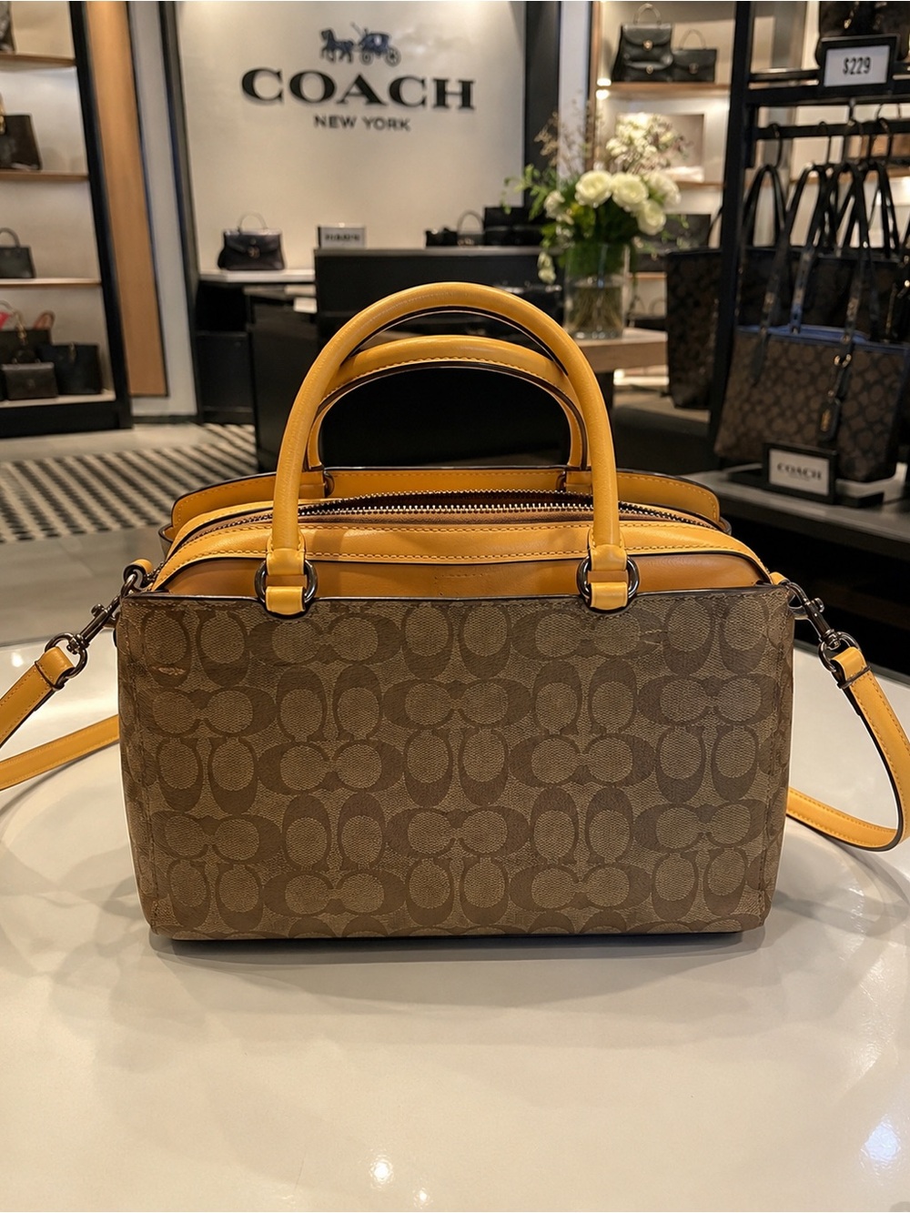 Coach Brown Signature Satchel with Yellow Trim - Picture 4 of 5